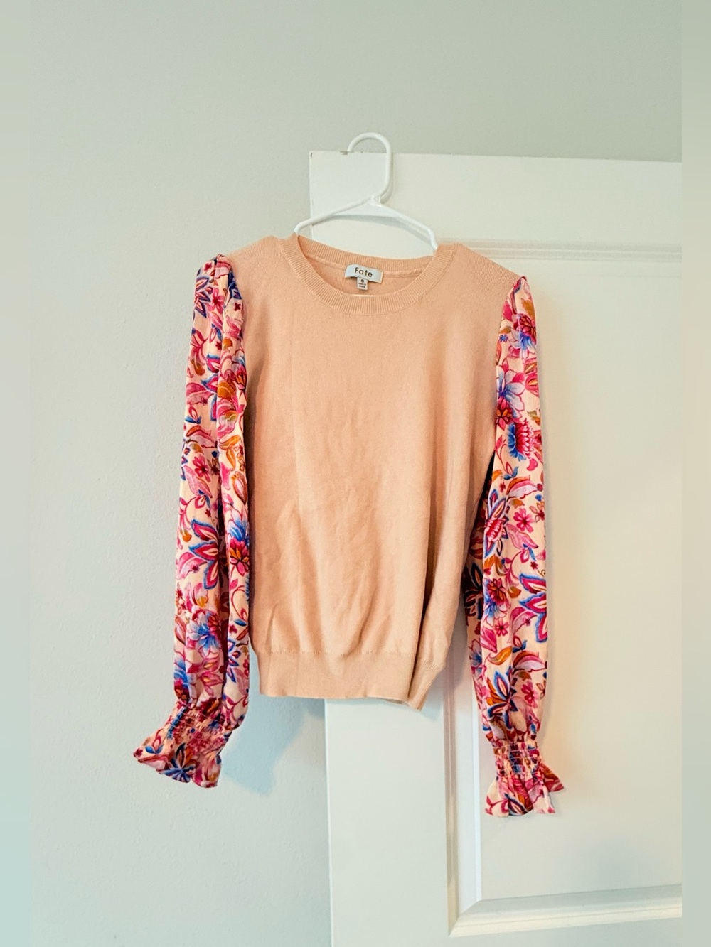 Fate Peach Knit Top with Floral Puff Sleeves